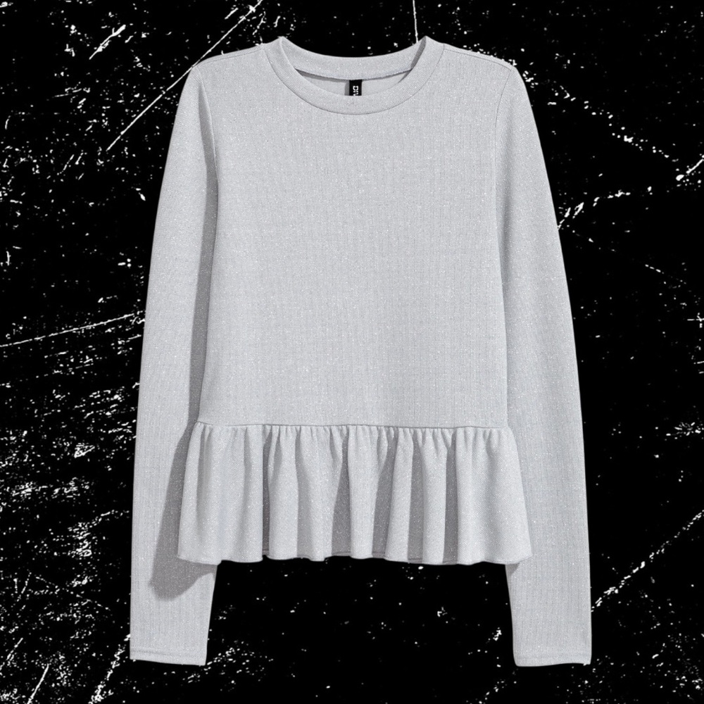 Elegant H&M Divided Silver Shimmery Boxy Long Sleeve Peplum Sweater Top